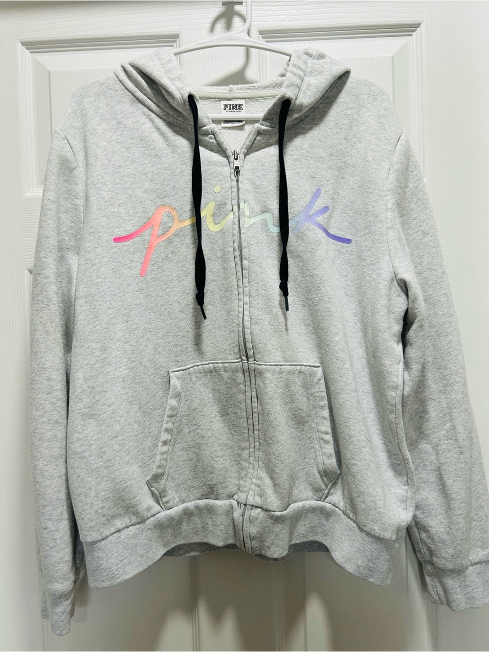 PINK Victoria's Secret Light Gray Zip-Up Hoodie with Pastel Rainbow Script